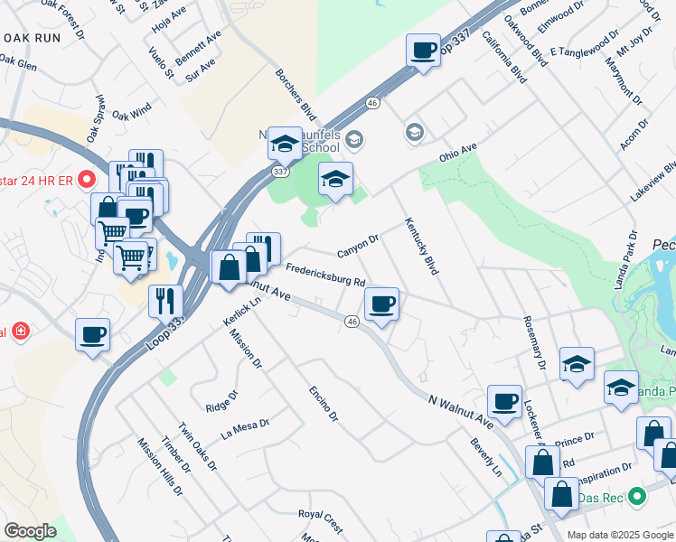 map of restaurants, bars, coffee shops, grocery stores, and more near 1174 Fredericksburg Road in New Braunfels