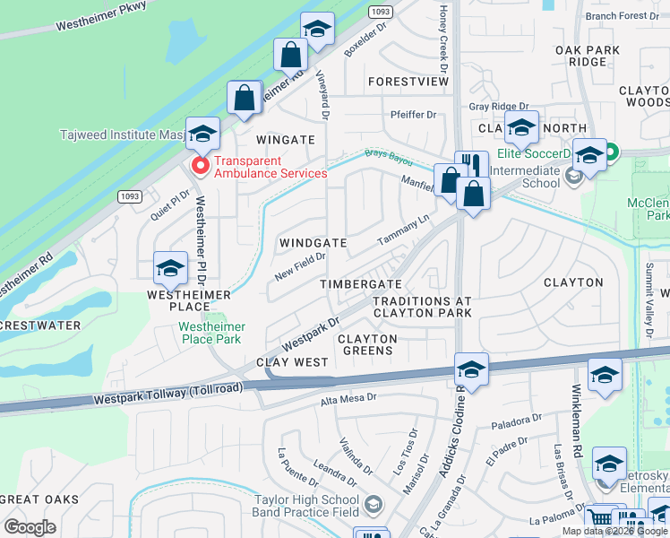 map of restaurants, bars, coffee shops, grocery stores, and more near 16103 Olive Glen Drive in Houston