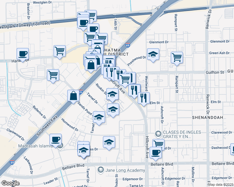 map of restaurants, bars, coffee shops, grocery stores, and more near 6301-6353 Rookin St in Houston