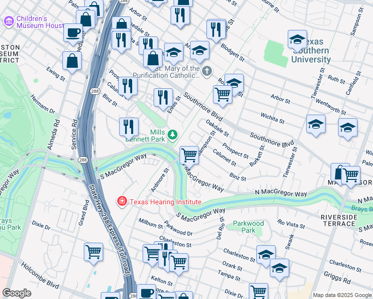map of restaurants, bars, coffee shops, grocery stores, and more near 3101 North MacGregor Way in Houston
