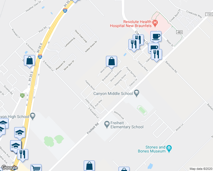 map of restaurants, bars, coffee shops, grocery stores, and more near Sandy Creek Drive in New Braunfels