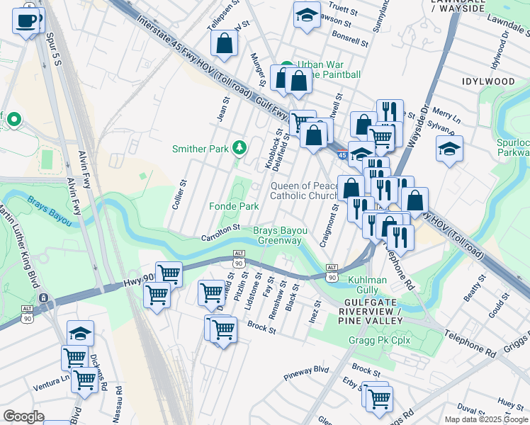 map of restaurants, bars, coffee shops, grocery stores, and more near 2704 Delafield Street in Houston