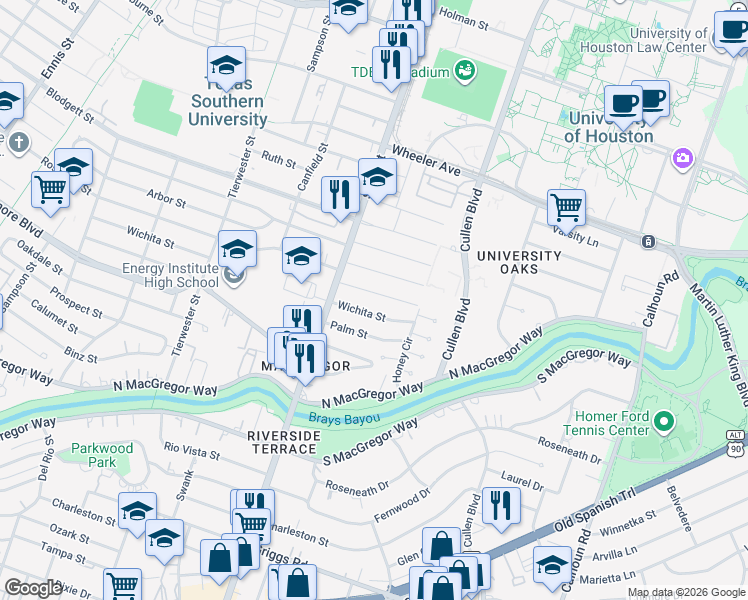 map of restaurants, bars, coffee shops, grocery stores, and more near 3829 Wichita Street in Houston