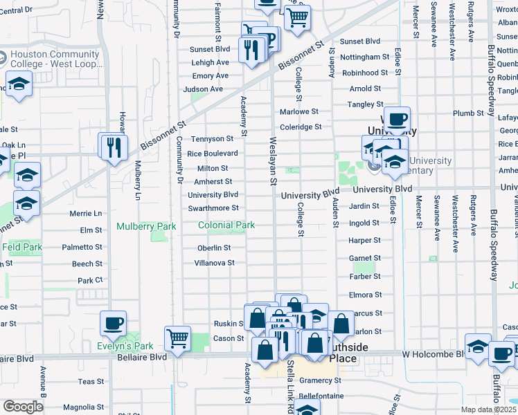 map of restaurants, bars, coffee shops, grocery stores, and more near 4023 Swarthmore Street in Houston