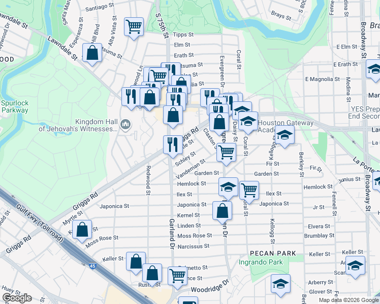 map of restaurants, bars, coffee shops, grocery stores, and more near 7036 Schley Street in Houston