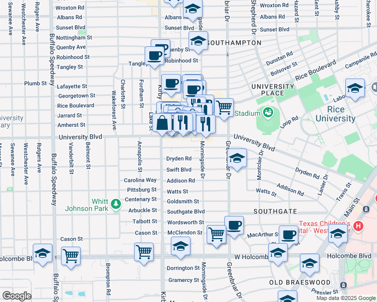 map of restaurants, bars, coffee shops, grocery stores, and more near 2432 Dryden Road in Houston