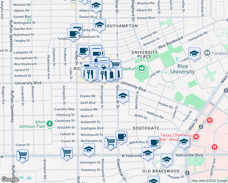 map of restaurants, bars, coffee shops, grocery stores, and more near 2314 Dryden Road in Houston