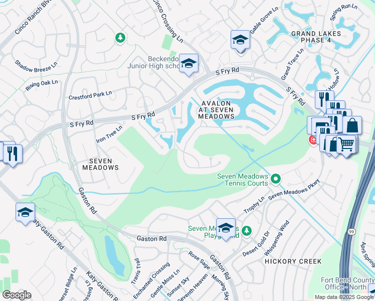 map of restaurants, bars, coffee shops, grocery stores, and more near 8318 Cabrillo Landing Court in Katy