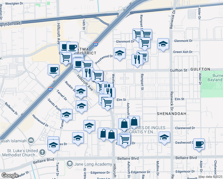 map of restaurants, bars, coffee shops, grocery stores, and more near 6250 Westward Street in Houston