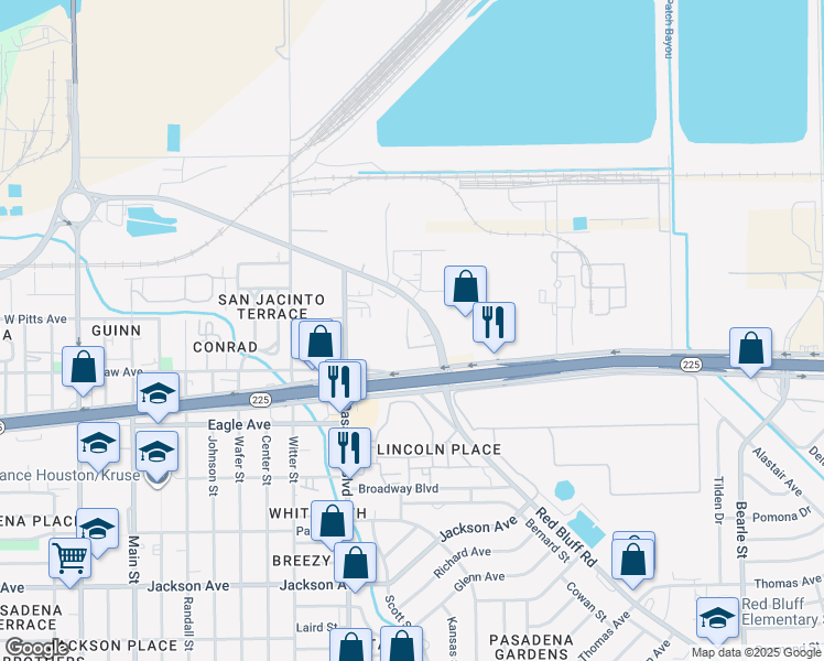 map of restaurants, bars, coffee shops, grocery stores, and more near 1120 Red Bluff Road in Pasadena