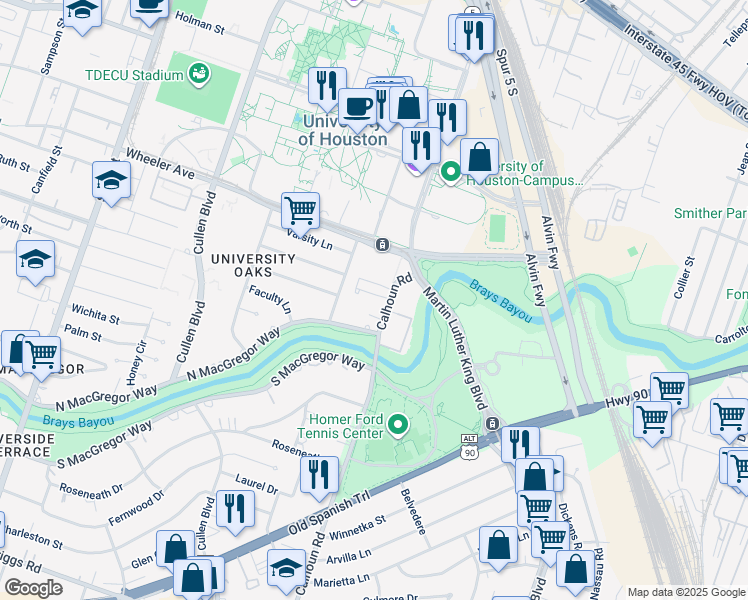 map of restaurants, bars, coffee shops, grocery stores, and more near 5048 Calhoun Road in Houston