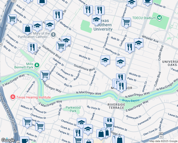 map of restaurants, bars, coffee shops, grocery stores, and more near 3424 Oakdale Street in Houston