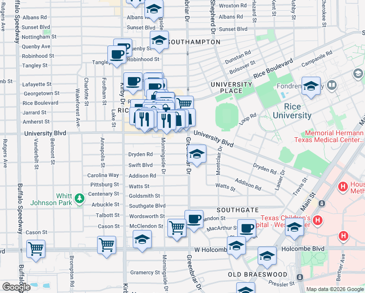 map of restaurants, bars, coffee shops, grocery stores, and more near 2314 Dryden Road in Houston