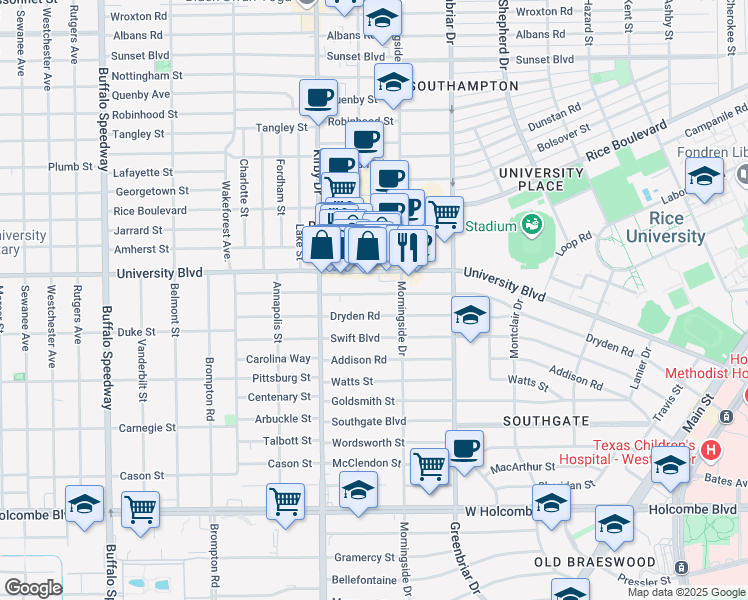 map of restaurants, bars, coffee shops, grocery stores, and more near 2432 Dryden Road in Houston