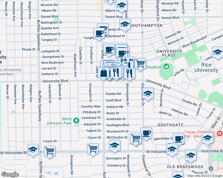 map of restaurants, bars, coffee shops, grocery stores, and more near 2432 Dryden Road in Houston
