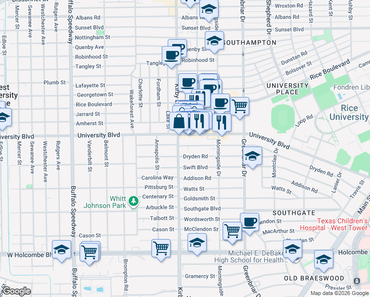 map of restaurants, bars, coffee shops, grocery stores, and more near 2532 Dryden Road in Houston