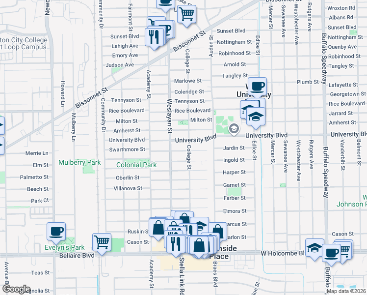 map of restaurants, bars, coffee shops, grocery stores, and more near 3923 Swarthmore Street in Houston