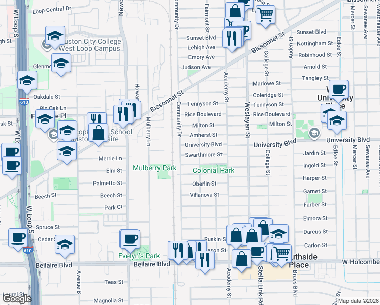 map of restaurants, bars, coffee shops, grocery stores, and more near 4229 Swarthmore Street in Houston