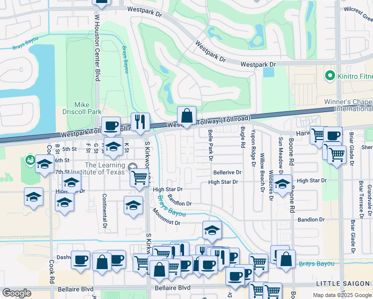 map of restaurants, bars, coffee shops, grocery stores, and more near 91 East Park West Drive in Houston