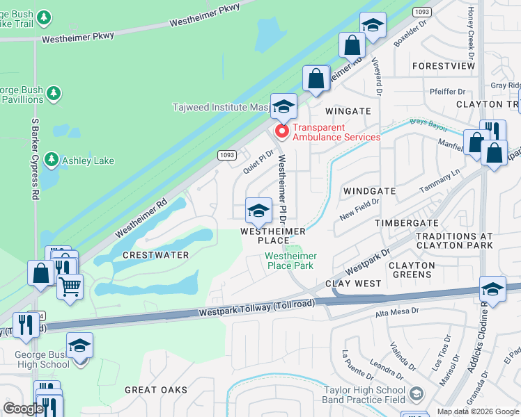 map of restaurants, bars, coffee shops, grocery stores, and more near 16406 Kensley Drive in Houston