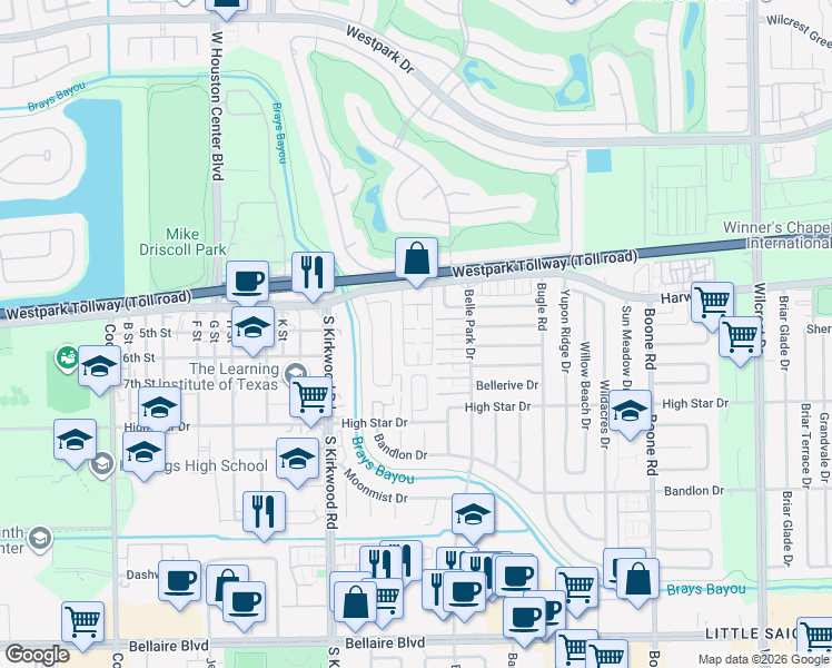 map of restaurants, bars, coffee shops, grocery stores, and more near 91 East Park West Drive in Houston