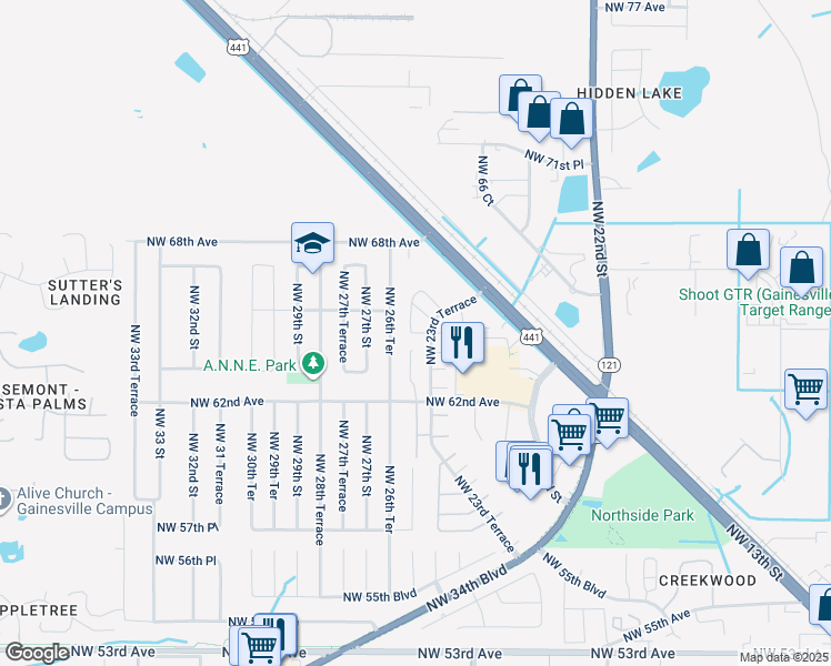 map of restaurants, bars, coffee shops, grocery stores, and more near 2419 Northwest 64th Place in Gainesville