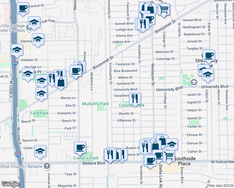 map of restaurants, bars, coffee shops, grocery stores, and more near 4229 Swarthmore Street in Houston