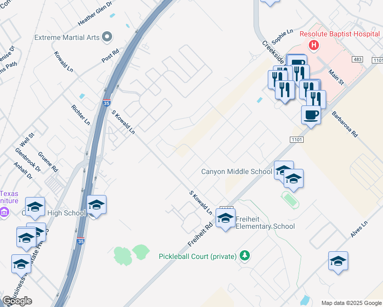 map of restaurants, bars, coffee shops, grocery stores, and more near 1961 Brook Bend in New Braunfels