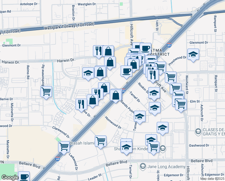 map of restaurants, bars, coffee shops, grocery stores, and more near 6790 Southwest Freeway in Houston