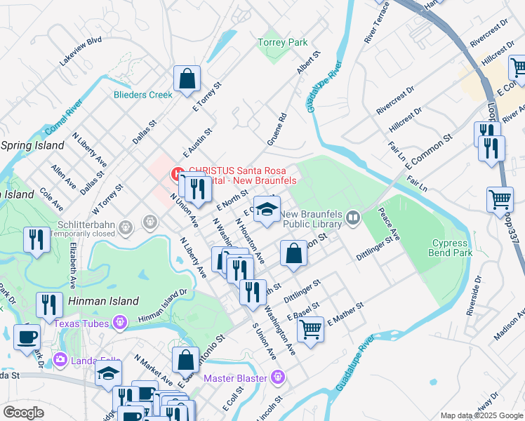 map of restaurants, bars, coffee shops, grocery stores, and more near 389 East Commerce Street in New Braunfels