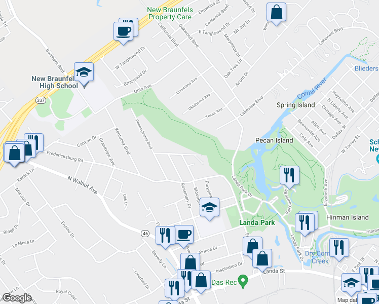 map of restaurants, bars, coffee shops, grocery stores, and more near 162 New York Avenue in New Braunfels