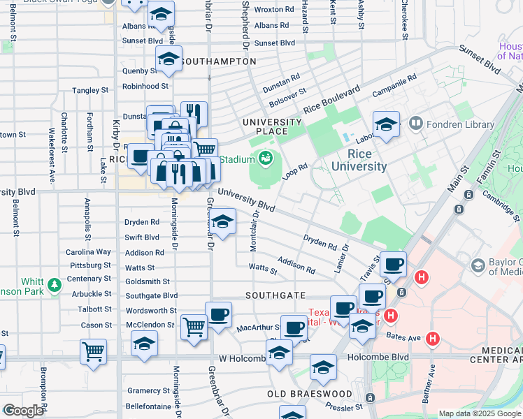 map of restaurants, bars, coffee shops, grocery stores, and more near 2160 Dryden Road in Houston