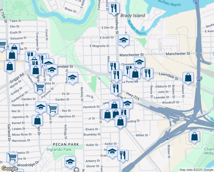map of restaurants, bars, coffee shops, grocery stores, and more near 6425 Texas 225 in Houston