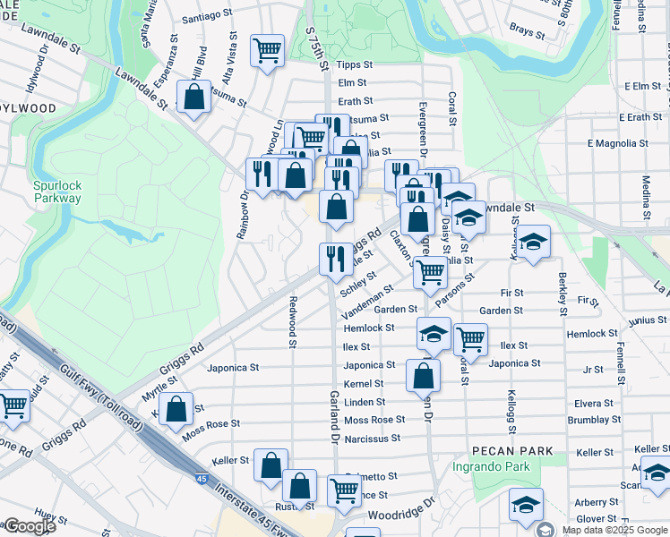 map of restaurants, bars, coffee shops, grocery stores, and more near 7002 Myrtle Street in Houston