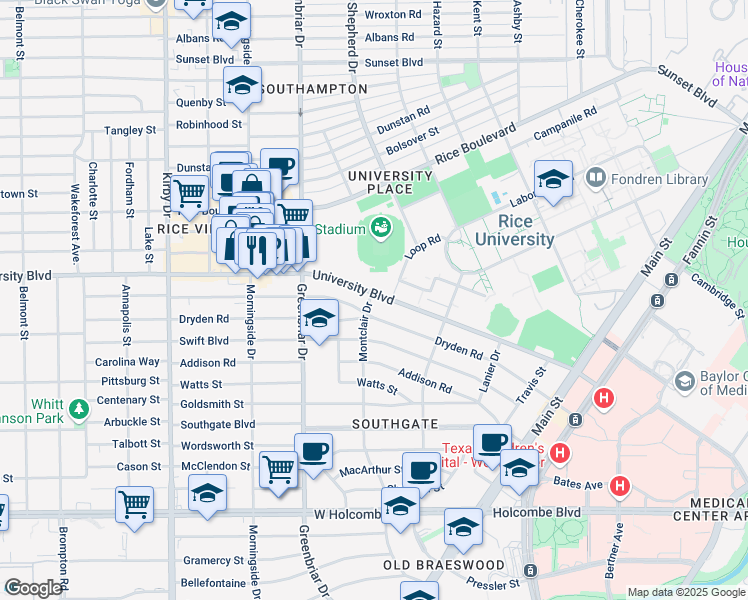 map of restaurants, bars, coffee shops, grocery stores, and more near 2160 Dryden Road in Houston