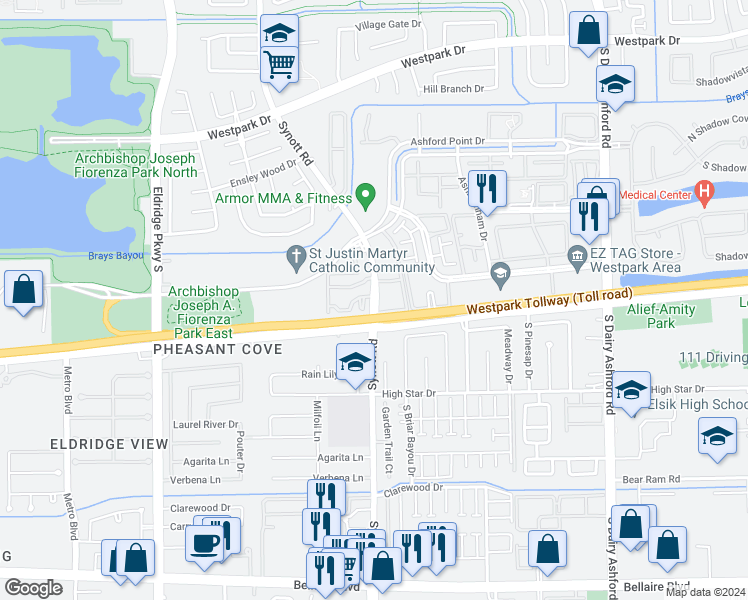 map of restaurants, bars, coffee shops, grocery stores, and more near in Houston