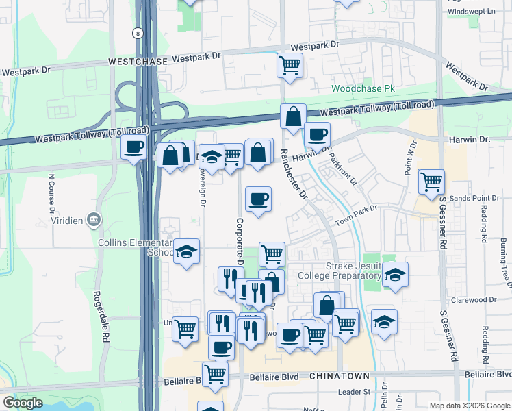 map of restaurants, bars, coffee shops, grocery stores, and more near 5959 Corporate Drive in Houston