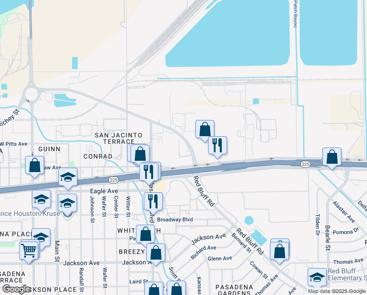 map of restaurants, bars, coffee shops, grocery stores, and more near 1120 Red Bluff Road in Pasadena