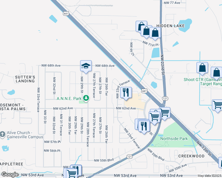 map of restaurants, bars, coffee shops, grocery stores, and more near 6420 Northwest 25th Terrace in Gainesville