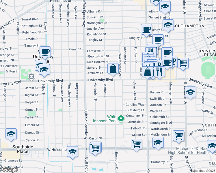 map of restaurants, bars, coffee shops, grocery stores, and more near 6339 Belmont Street in Houston