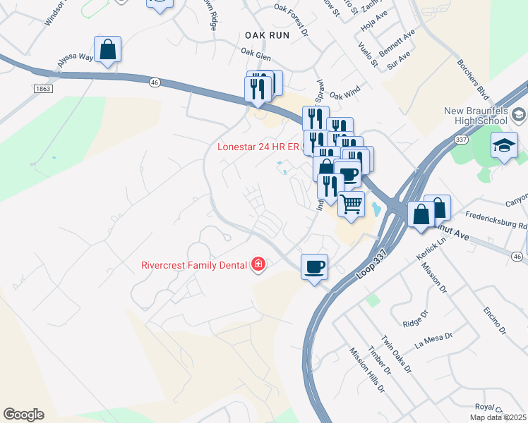 map of restaurants, bars, coffee shops, grocery stores, and more near 3025 Oak Run Parkway in New Braunfels