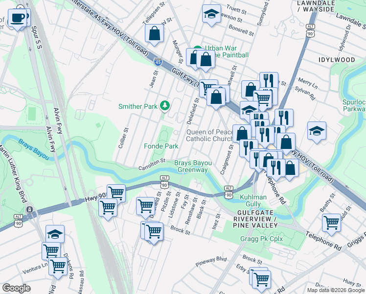 map of restaurants, bars, coffee shops, grocery stores, and more near 2704 Delafield Street in Houston