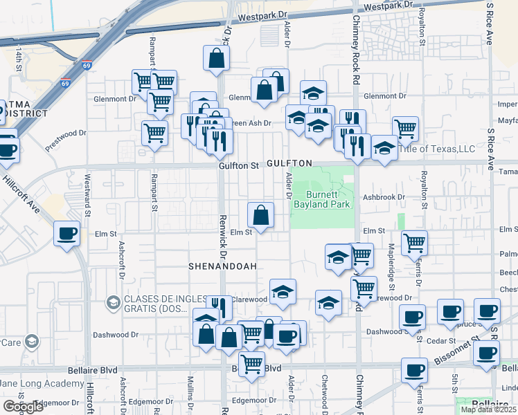 map of restaurants, bars, coffee shops, grocery stores, and more near 5815 Gulfton Street in Houston
