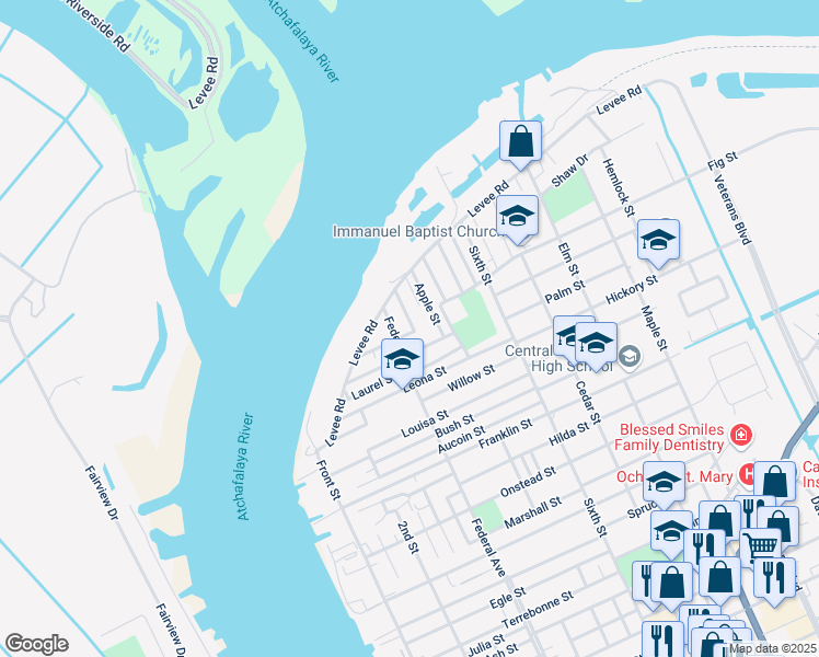 map of restaurants, bars, coffee shops, grocery stores, and more near 300-498 Lawrence Street in Morgan City