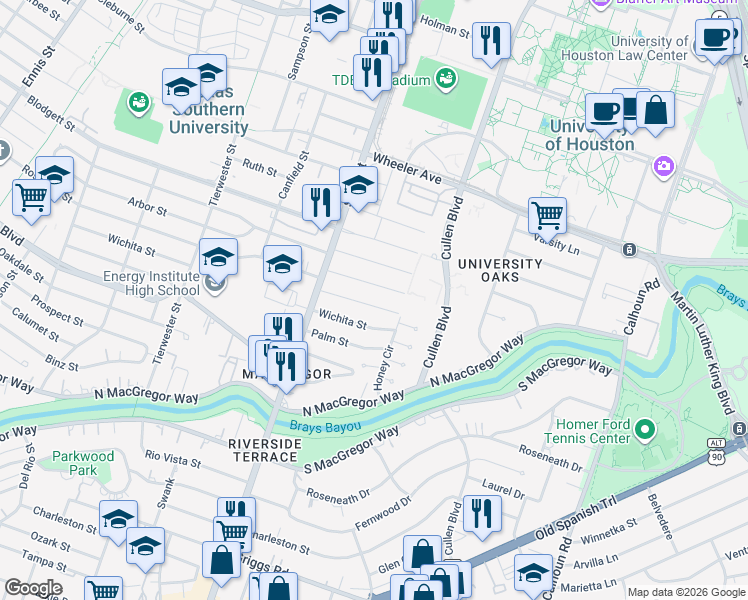 map of restaurants, bars, coffee shops, grocery stores, and more near 3857 Wichita Street in Houston