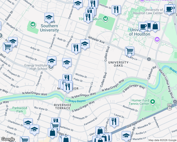 map of restaurants, bars, coffee shops, grocery stores, and more near 3857 Wichita Street in Houston