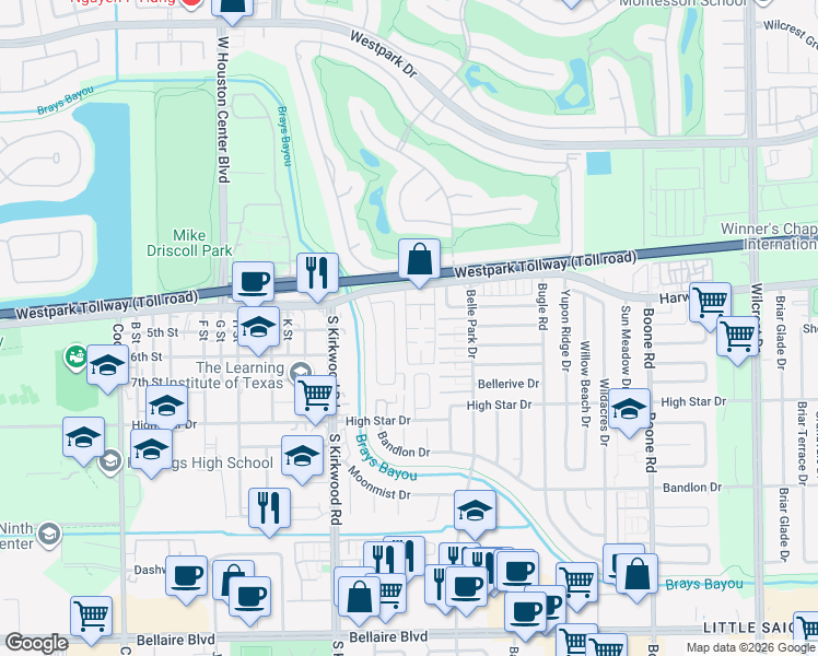 map of restaurants, bars, coffee shops, grocery stores, and more near 91 East Park West Drive in Houston