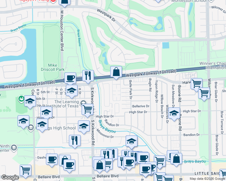 map of restaurants, bars, coffee shops, grocery stores, and more near 91 East Park West Drive in Houston