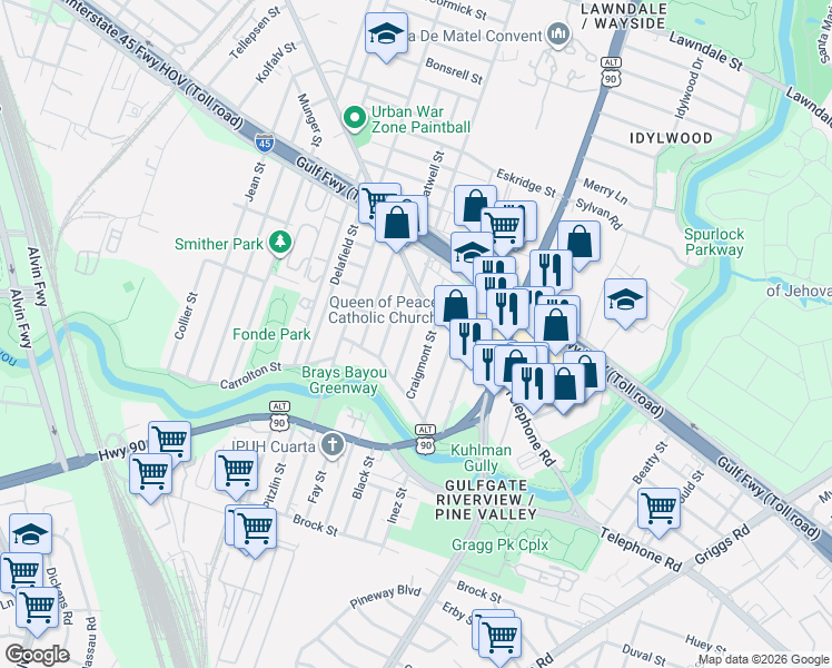 map of restaurants, bars, coffee shops, grocery stores, and more near 2523 Craigmont Street in Houston