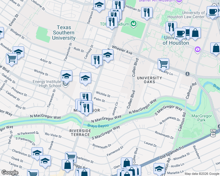 map of restaurants, bars, coffee shops, grocery stores, and more near 3851 Arbor Street in Houston